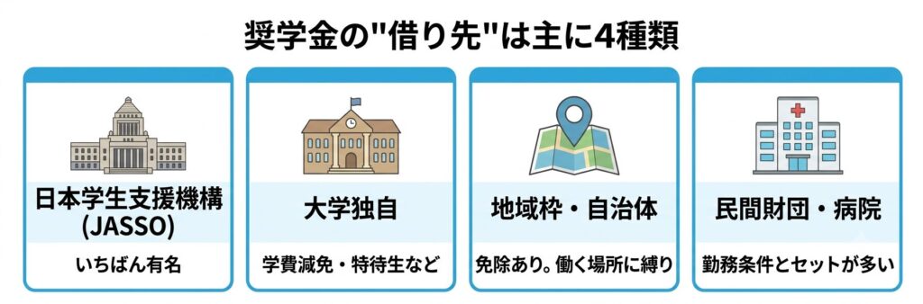 奨学金の借り先は主に4種類。日本学生支援機構(JASSO)、大学独自、地域枠・自治体、民間財団・病院