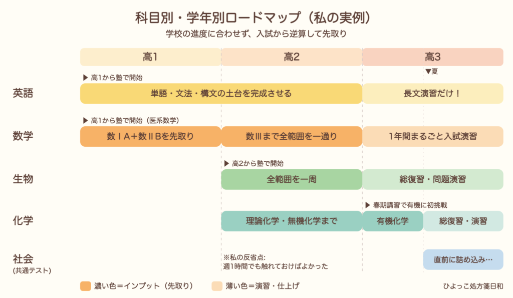 高1から高3までの科目別・学年別ロードマップ。英語・数学は高1から、生物・化学は高2から先取りし、高3は演習中心にする