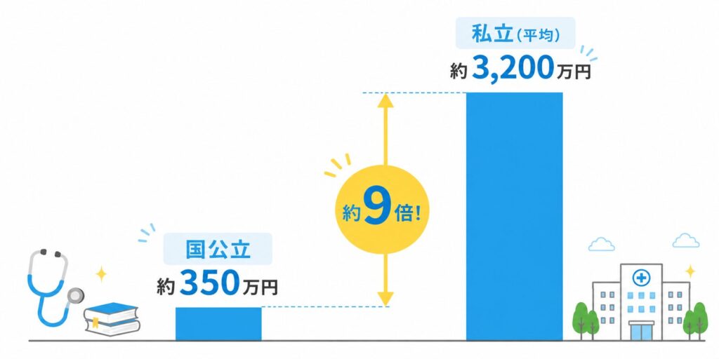 医学部6年間の学費比較グラフ。国公立は約350万円、私立は平均約3,200万円で約9倍の差